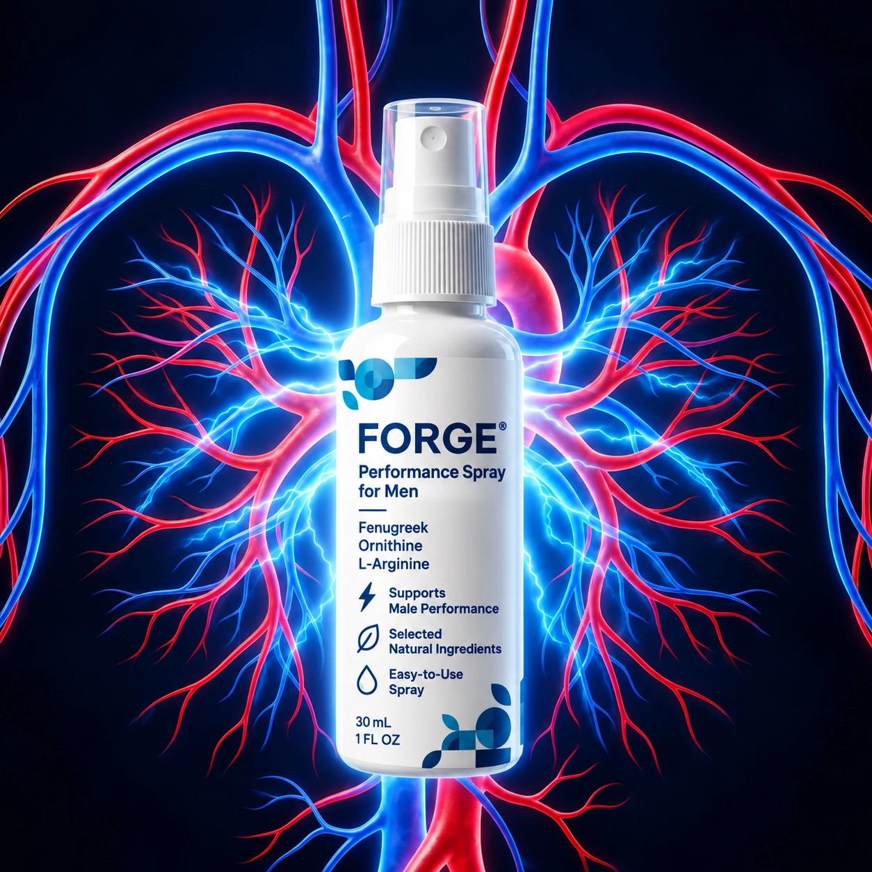 Blood flow illustration and a FORGE bottle